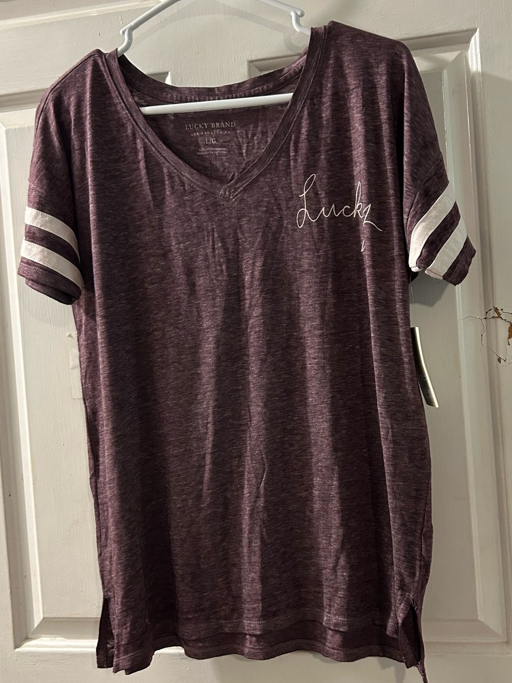 Lucky Brand Plum V-Neck Tee with White Stripe Sleeves